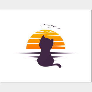 Cat Watching Sunset Posters and Art